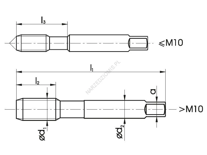 Rysunek techniczny: Gwintownik ręczny NGMm/2 DIN 352/2 M10 LH 6H HSS